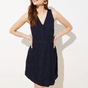 NWT LOFT | Embroidered Floral Navy Blue Sleeveless V Neck Dress with Pockets